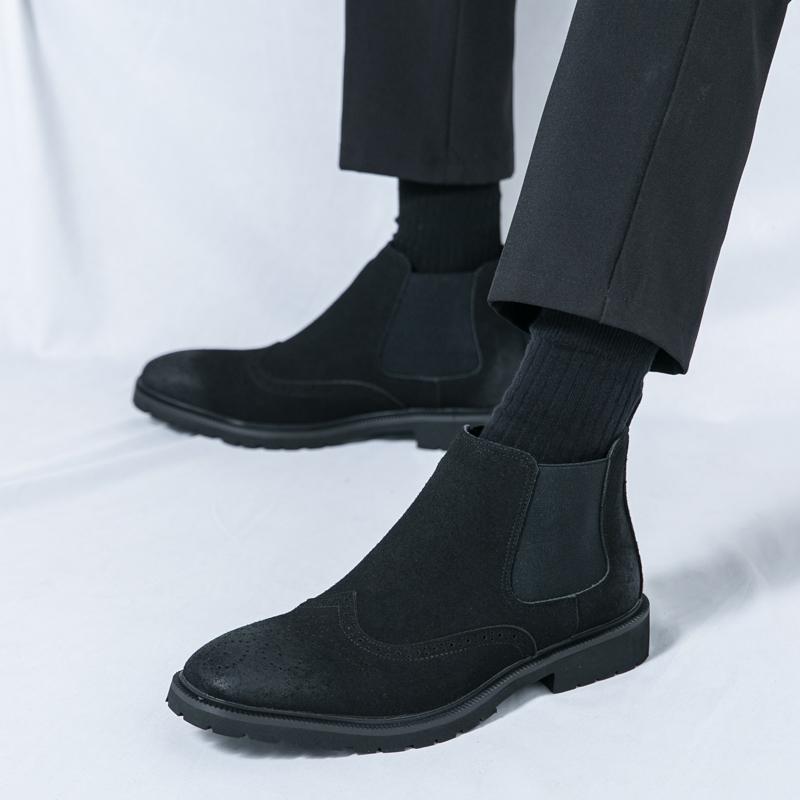 Fashion Men's Chelsea Boots Retro Style Classical Cow Suede Genuine Leather Men Fashion Brogue Comfy Ankle Boot Mens Casual Short Boots