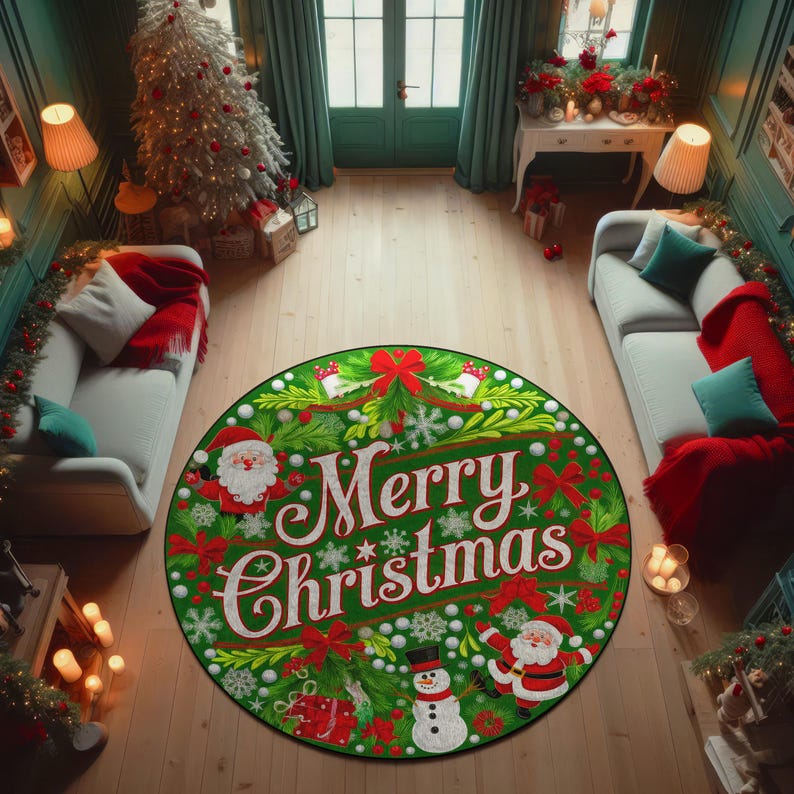

Merry Christmas Round Rug Festive Green Red Holiday Mat for Living Room Diameter 100cm