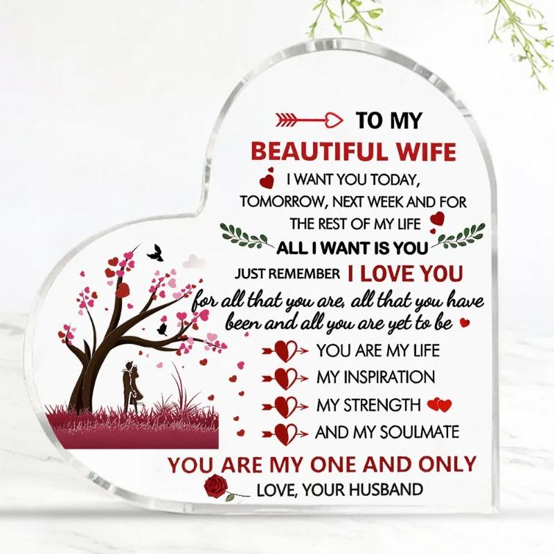 2D Flat Wife Gifts Acrylic Heart Keepsake Desktop Decorative Plaque, Home Decor Plaque Hanging Wall Art Decorative Garden Decoration for Room Door Sig