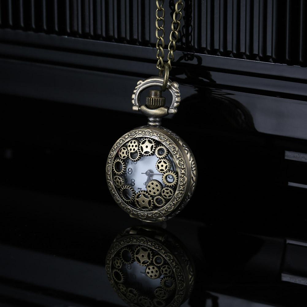 Orologio da tasca moda retrò per uomo donna, bronzo, quarzo, lega, cassa cava con ingranaggi scolpiti, con catena