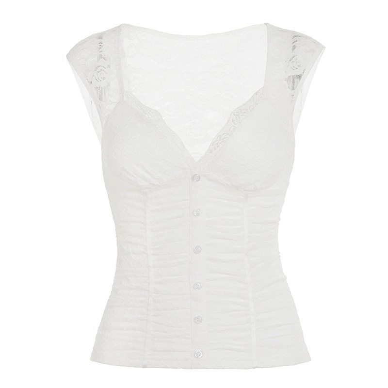 

French-Style Fresh and Simple Solid Color Lace Patchwork V-Neck Ruched Button-Up T-Shirt with a Stylish Waist-Cinching and Slightly Sheer Design White S