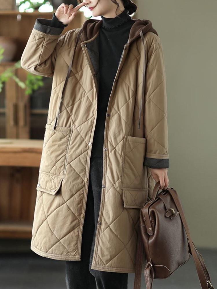 Toamnă Vintage Plus Size Palton rombic cu glugă Femei Iarnă Nouă Jachetă din bumbac Largi Casual Lungime mijlocie Jachete din bumbac căptușite în contrast de culoare