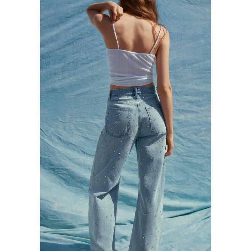 Summer New Women clothes Five Pocket Hole Decorative Water Diamond Decorations High Waist Arc Denim Trousers 3607011