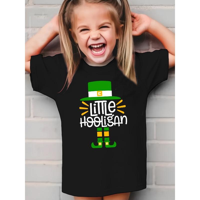 European Sizes Green Hat Festival Summer Girls' Fashion Short Sleeve T-Shirt with Little Hooligan Letter Print Top
