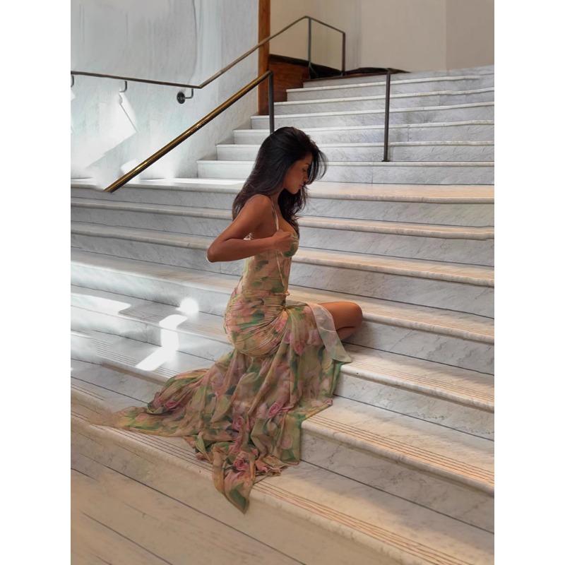 Damen Frühling Neu Sexy Träger Print Resort Strand Hohe Taille Skinny Schlitz Kleid Damen