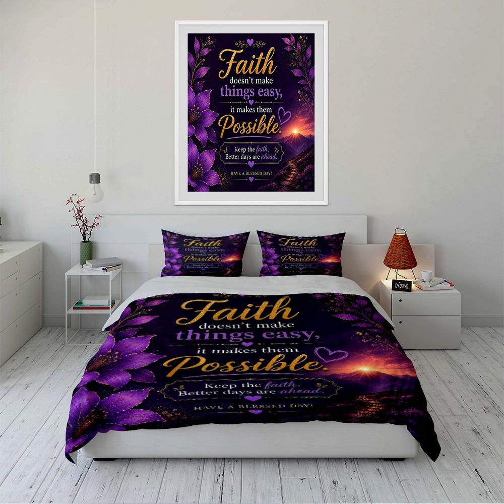 Faith-Inspired Purple Floral Bedding Set Bedding set (1 duvet cover, 2 pillowcases, duvet not included)