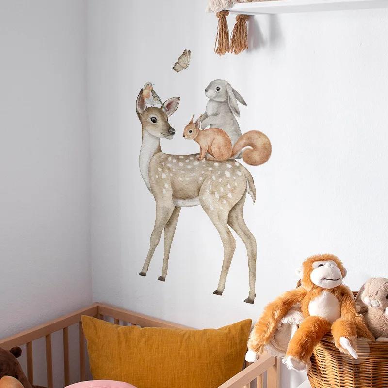 Cartoon Animal Sika Deer Fox Rabbit Room Background Decorative Wall Stickers Room Decoration