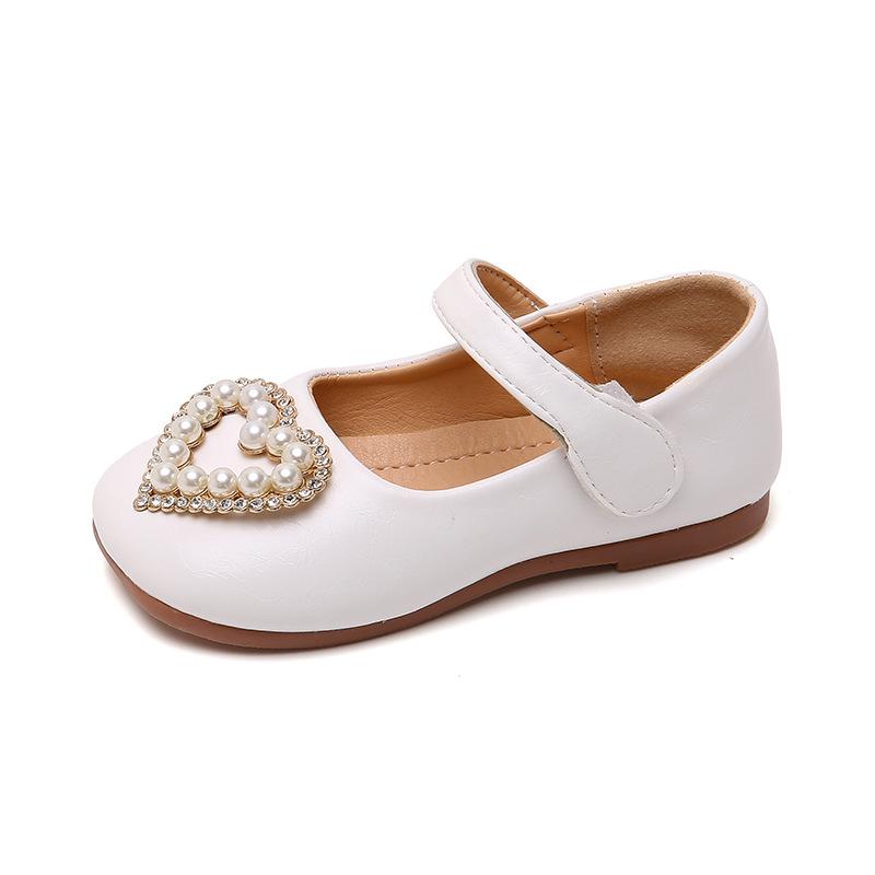 Girls Leather Shoes Kids School Flats Children Dress Shoes Princess Sweet Soft with Heart Shape Square Rhinestone Pearls Party