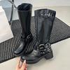 Kitten Heel Single Boots Women's Autumn New Square Toe Rivet Metal Buckle Anti-slip Wear-resistant Block Heel Mid-leg Boots