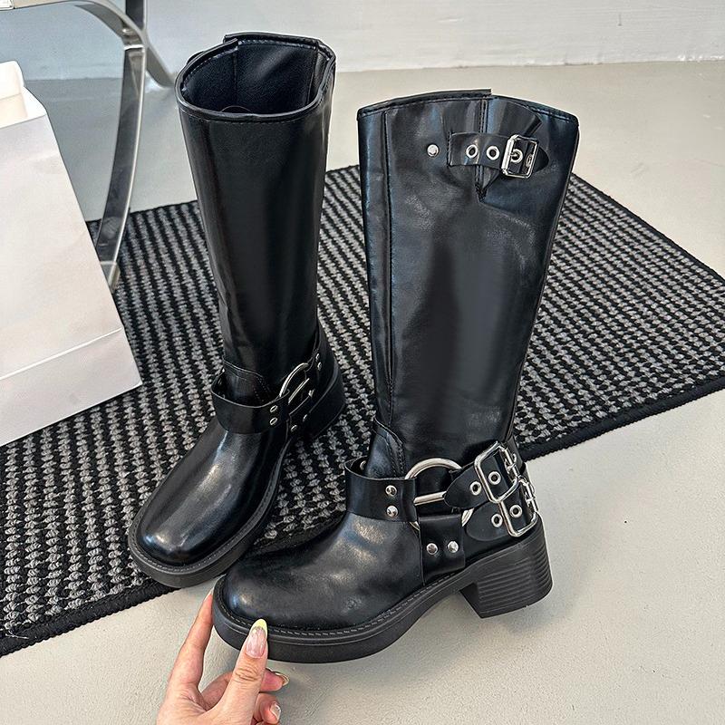 Kitten Heel Single Boots Women's Autumn New Square Toe Rivet Metal Buckle Anti-slip Wear-resistant Block Heel Mid-leg Boots