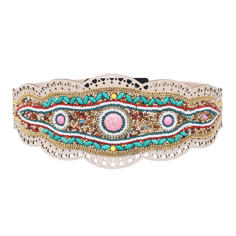 Ethnic Beaded Waist Cincher Stretch Waistband Bohemian Belt Body Girdle Feature Floral Accent for Women's Clothing
