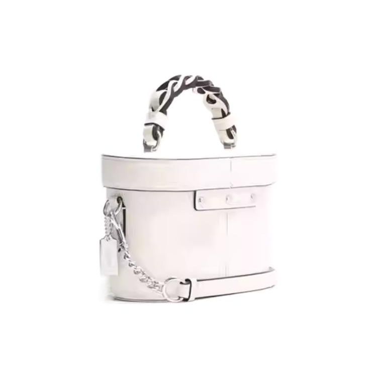 Coach Kay 20 Solid Color Logo Woven Handle Turn Lock Leather Bucket Bag Women Shoulder Bag White CJ612-SVHA