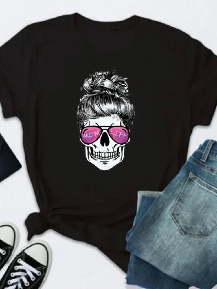 

Футболка Mom Life с принтом черепа и головы, женская, с коротким рукавом, с круглым вырезом, свободная, летняя женская футболка, топы, Camisetas Mujer XXXL чёрный