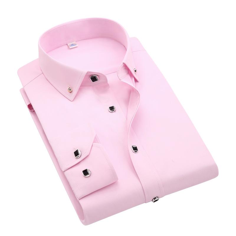 

Men Long Sleeve SlimFit Casual Business Dress Shirts Plushy Thickened Warm Lapel Shirt Slim Solid Color White Shirt 43 рожевий