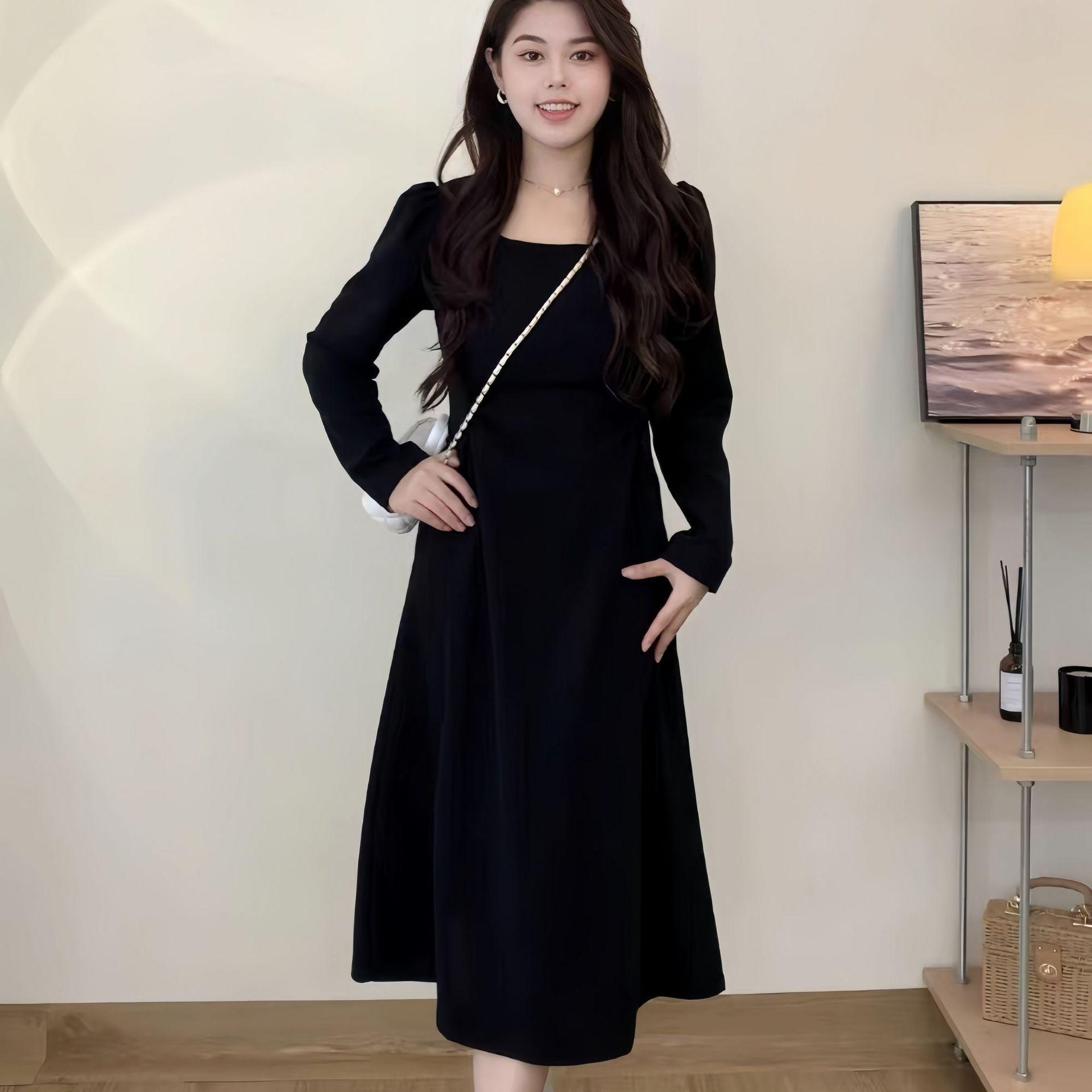 

Pleated Waist-Cinching Elegant Autumn French Long Dress with Square Neck XL (recommended for 63-73 kg)