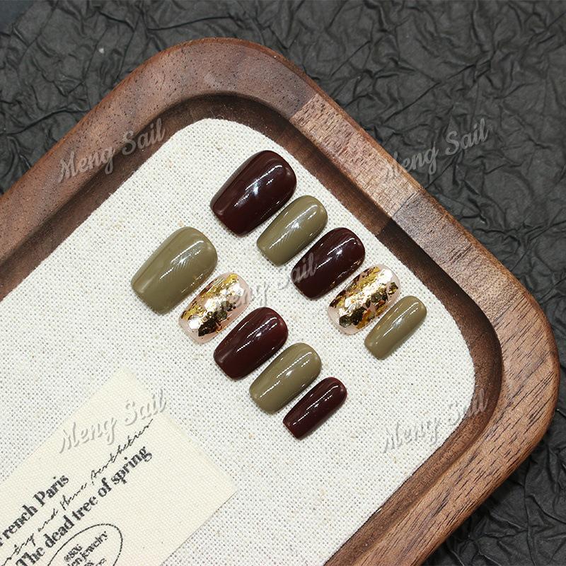 

Textured Khaki Short Sequined Handmade Wearable Nails - Meilade Autumn/Winter Collection S (Standard - Regular size/first-time user)