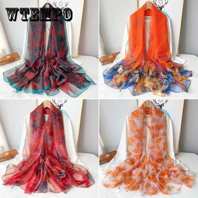 Elegant Flower Print Scarf Thin Smooth Mulberry Silk Shawl Casual Outdoor Sunscreen Windproof Scarf, Mulberry Silk, Very Light Fabric