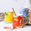 Creative National Tide Style Festive Mug With Spoon And Lid  Personality Ceramic Cup Chinese Style Couple Coffee Water Cup