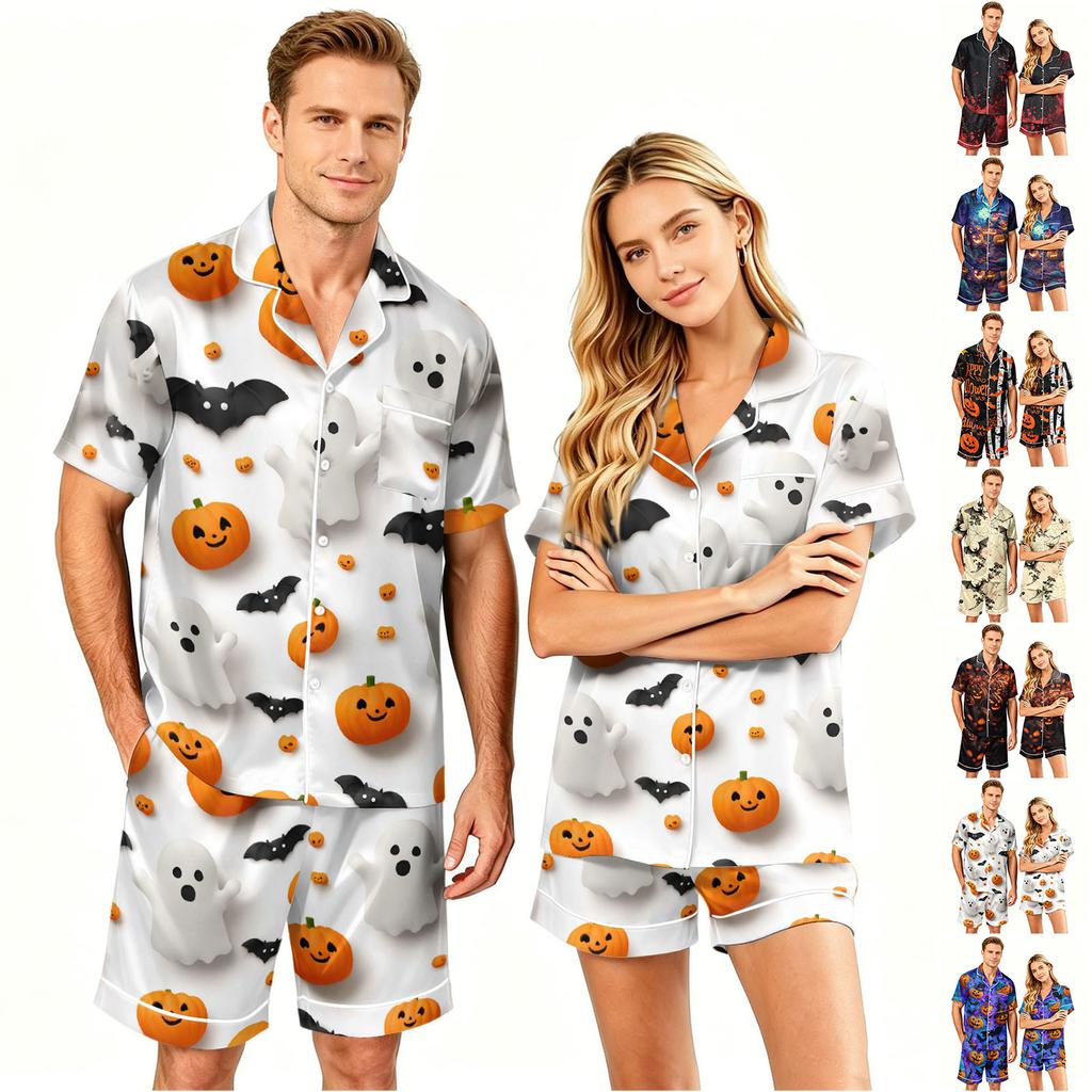 Couple Matching Halloween Pajama Set Short Sleeve Button Down Shirt with Hem Short Pants Soft Casual Loungewear S To XXXXL