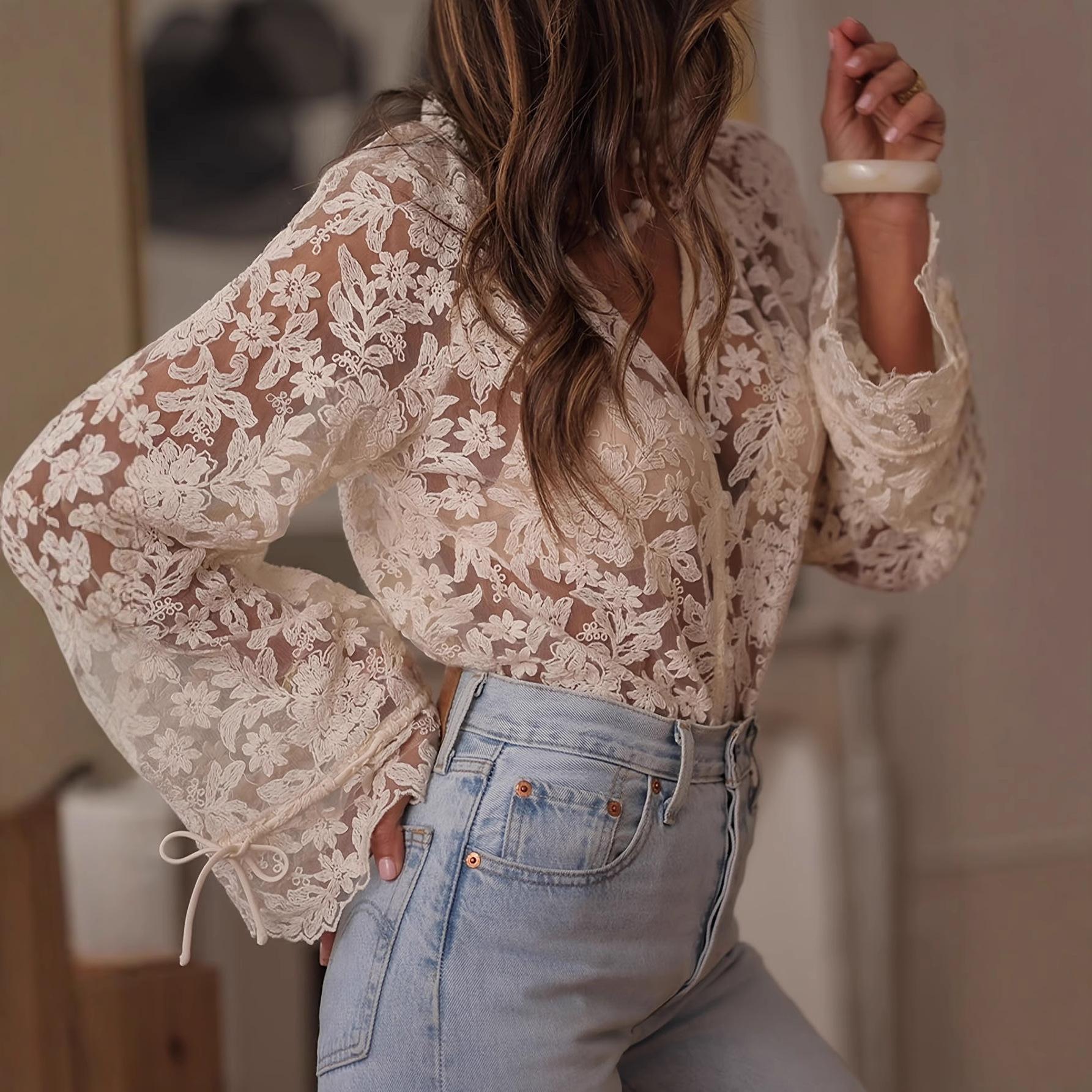 Women s V Neck Flare Long Sleeve Floral Lace Hollow Out Loose Button Front Shirt Blouse S
