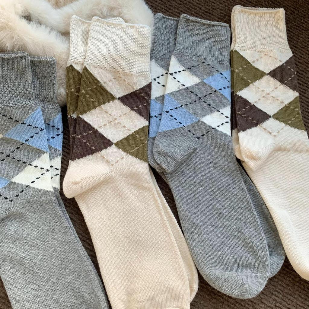 Socks Autumn Color Rhombus Retro Medium Tube Socks Tide Korean College Simple Wind Stacking Socks