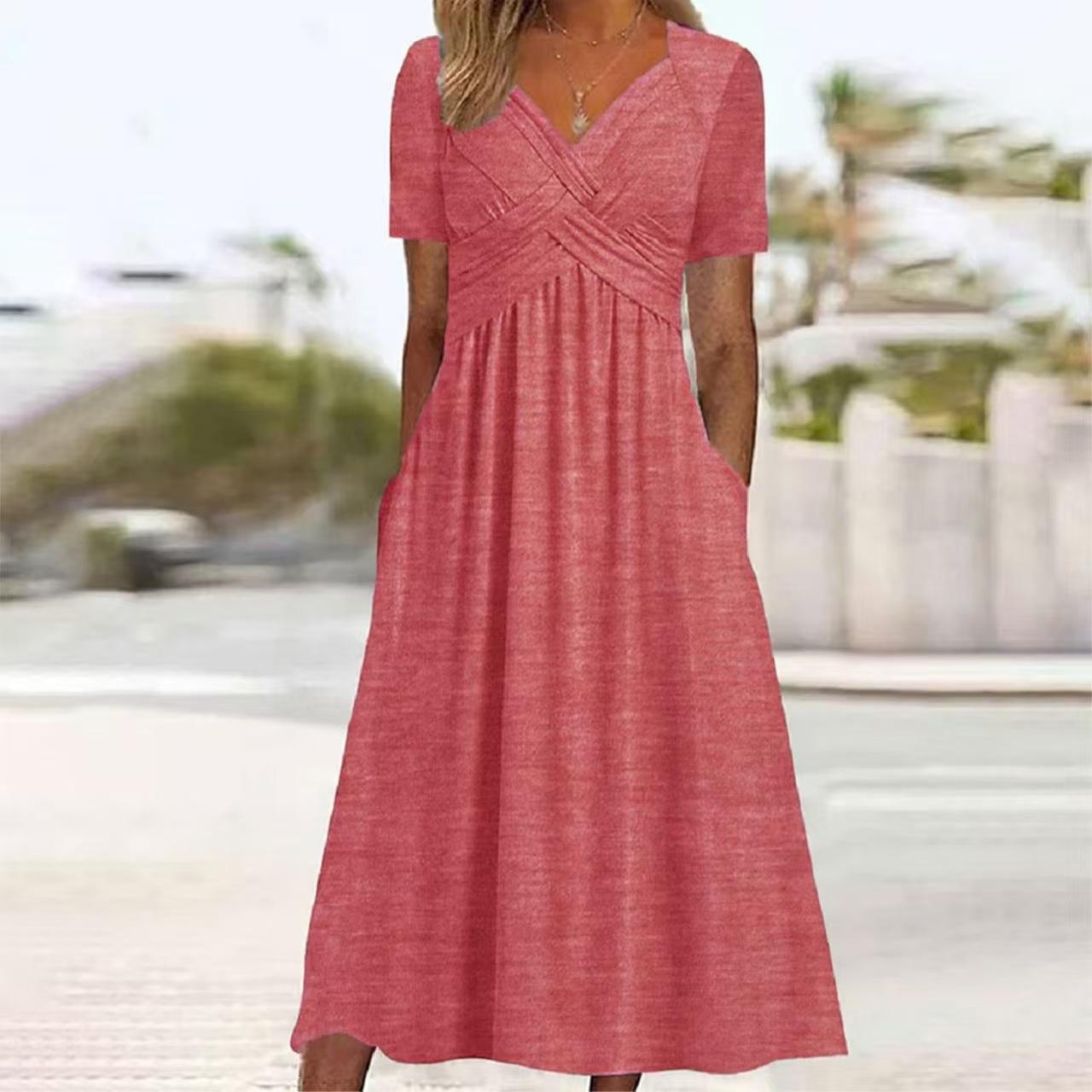 2026 summer new short-sleeved dress European and American women s clothing personalized dress v-neck S