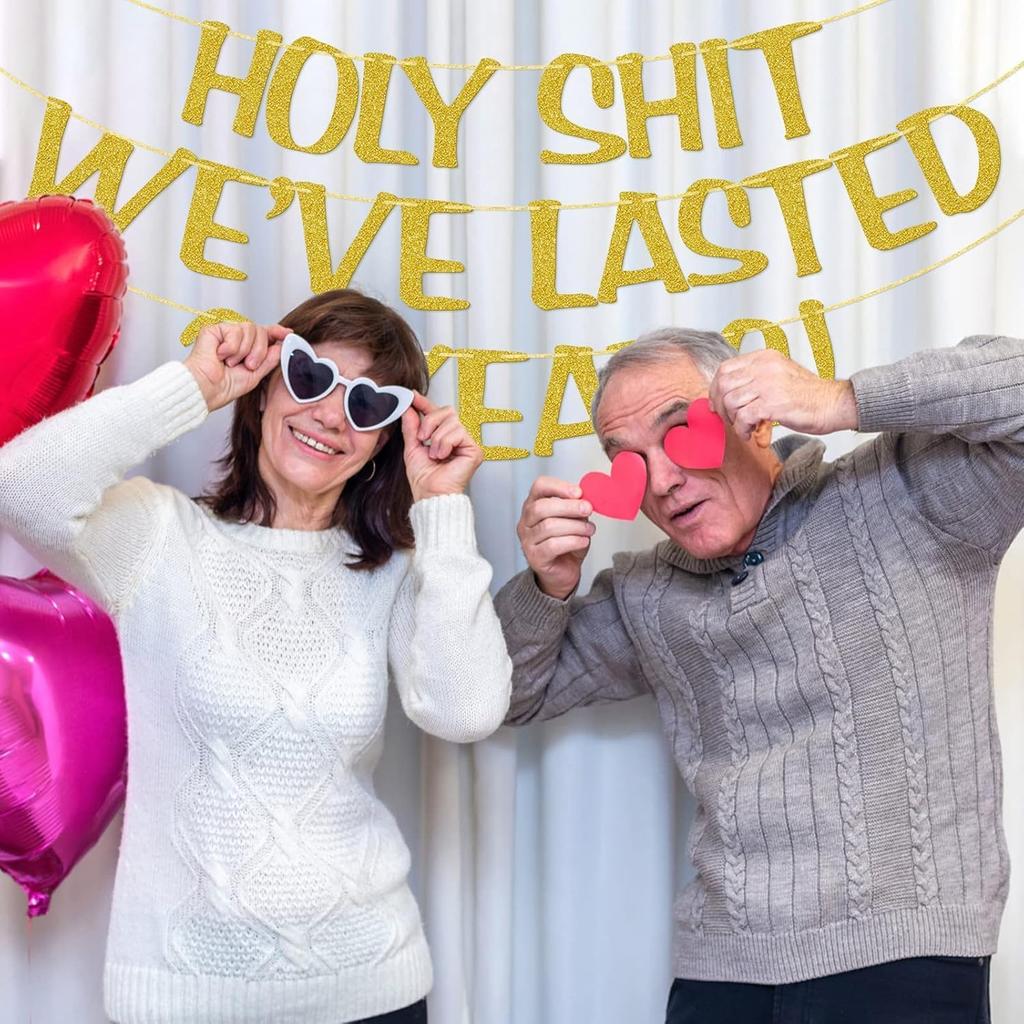 Holy We've Lasted 20 Years Banner, 20th Wedding Anniversary Party Decorations, Funny Decor for Him Her Husband Wife Parents, Pre-Strung, Gold Glitter