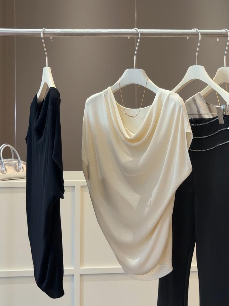 Women's Cowl Neck Batwing Sleeve Knit Top Slim Fit Elegant Commuter Top Solid Color Ice Silk Blouse