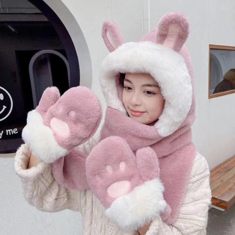 Three-piece hat set for women, autumn and winter, with fleece lining, thickened, integrated scarf and gloves, plush, warm, Korean style, ear