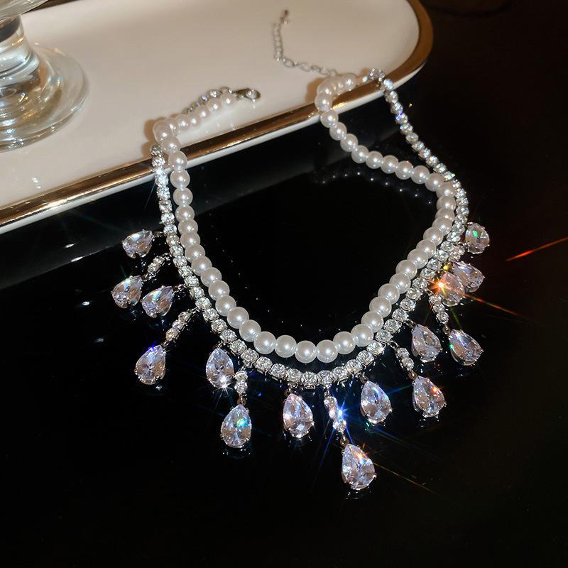 Elegant French Style Rhinestone Tassel Pearl Necklace - Double Layer Clavicle Chain for Women