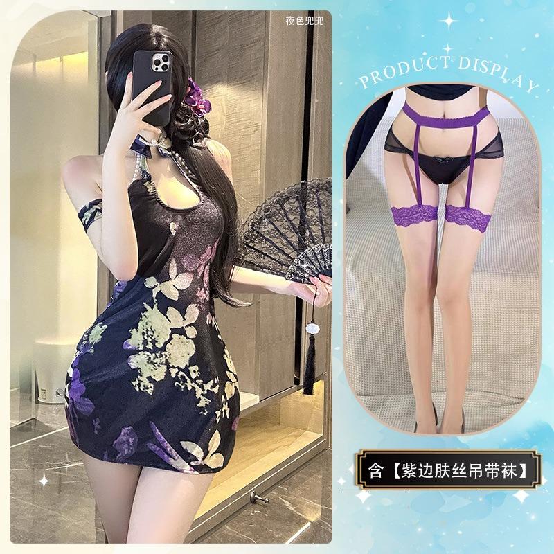 Sex Underwear Temperament Printed Cheongsam Retro Pan Mouth Side High Split Hollow Improved Cheongsam Antique and Sexy