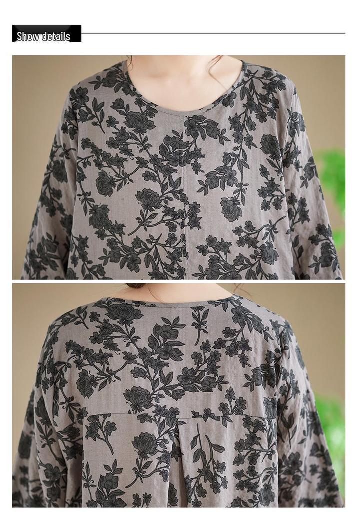 In-Stock Printed Cotton Plus Size Long-Sleeve Women's Dress with Round Neckline