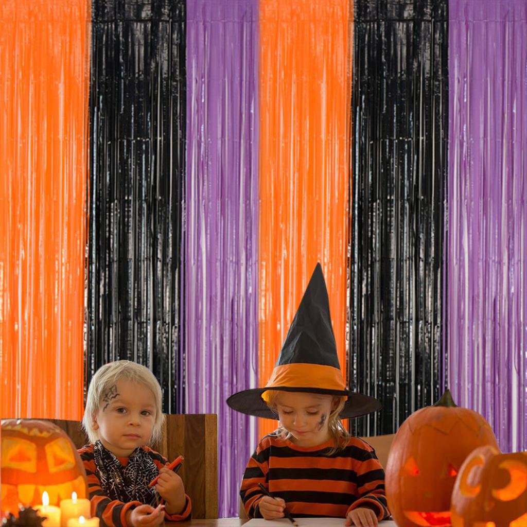 Tricolor Black And Orange With Purple Foil Fringe Curtain, 3.28FT X 6.56FT Door Curtains Photo Booth Back-drop For Halloween Party Decorations