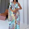 Women's Clothing Summer New Niche Design Sense Printing Deep V Neck Streamer Backless Waist Wide Pendulum Dress