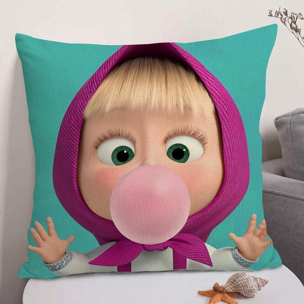 Anime MMasha And The Bear Cushion Cover Natural Linen Organic Fabric DoubleSided Printing Sofa Home Decor Gift Pillow Case