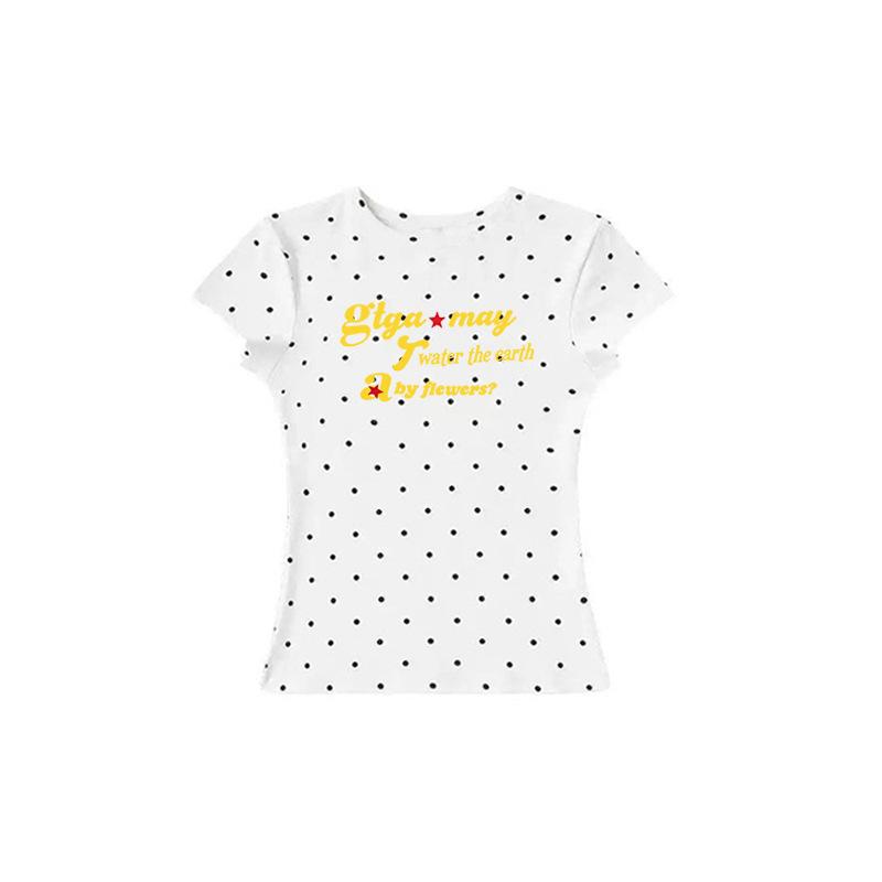 American polka dot letter print dopamine front shoulder short sleeve T-shirt women s summer new slim casual top women S
