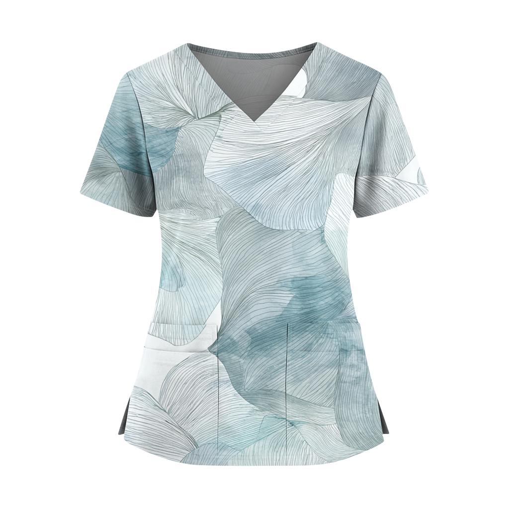 Women's Gradient Print V-Neck Double Pocket Short Sleeves Hem Slit Uniform Caregiver Top