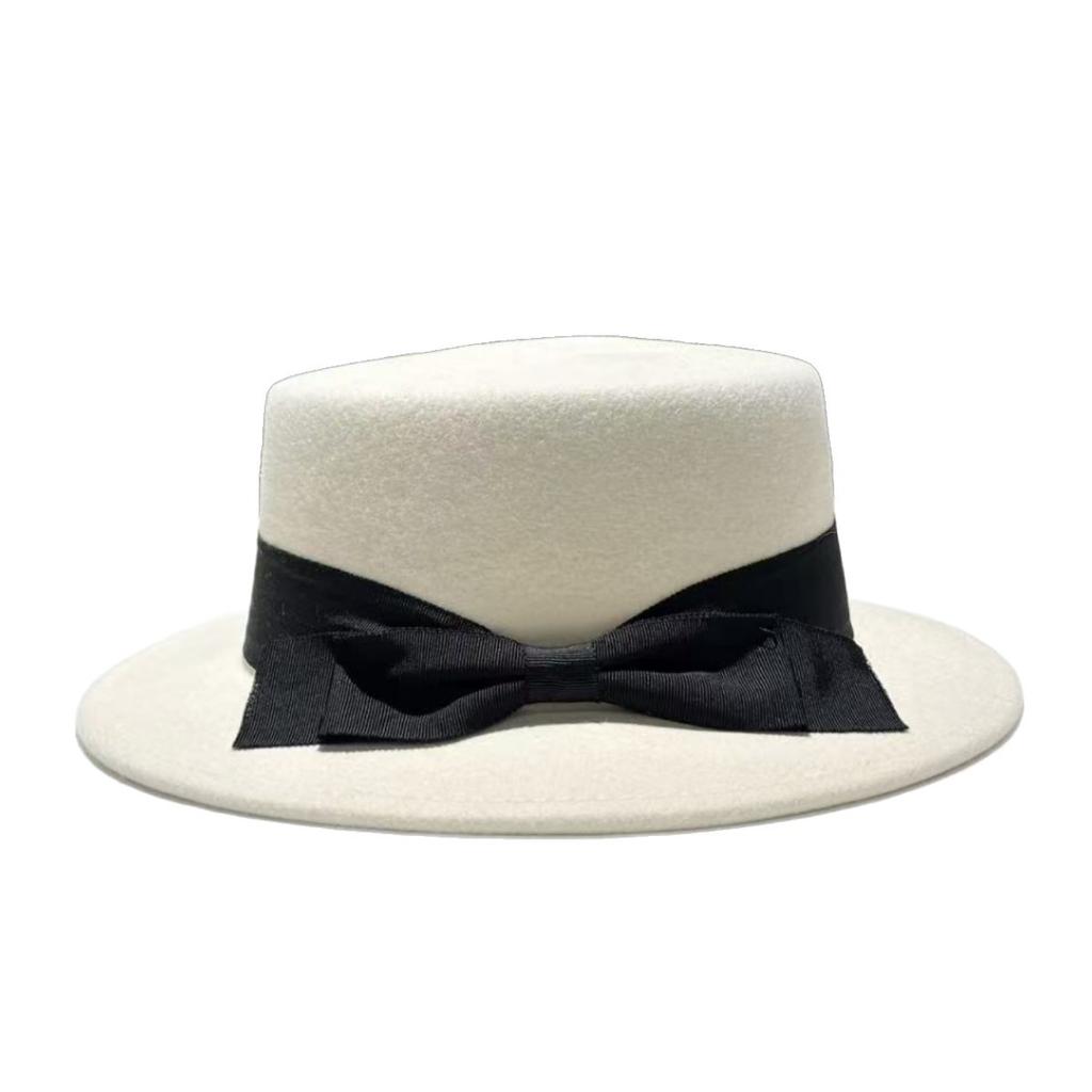 Export Quality Australian Wool Woolen Flat Top Top Top Hat Women's Autumn and Winter Bow Foreign Style French Versatile Basin Hat