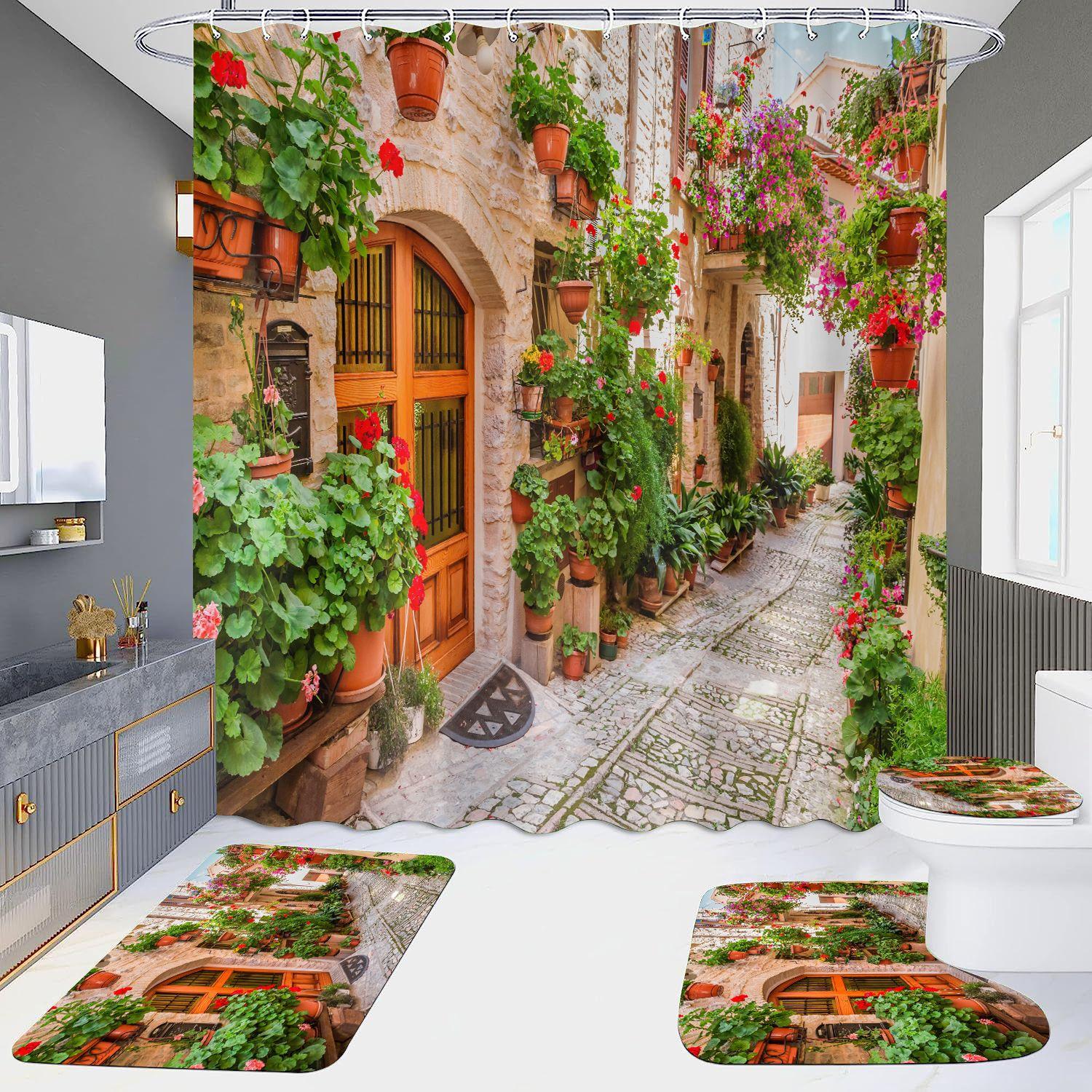 

4Pcs Mandala Castle Architecture Європейський стиль Набори завіс для душу для ванної кімнати Нековзкі килимки для ванної кімнати Кришка для унітазу Килимок для ванної кімнати