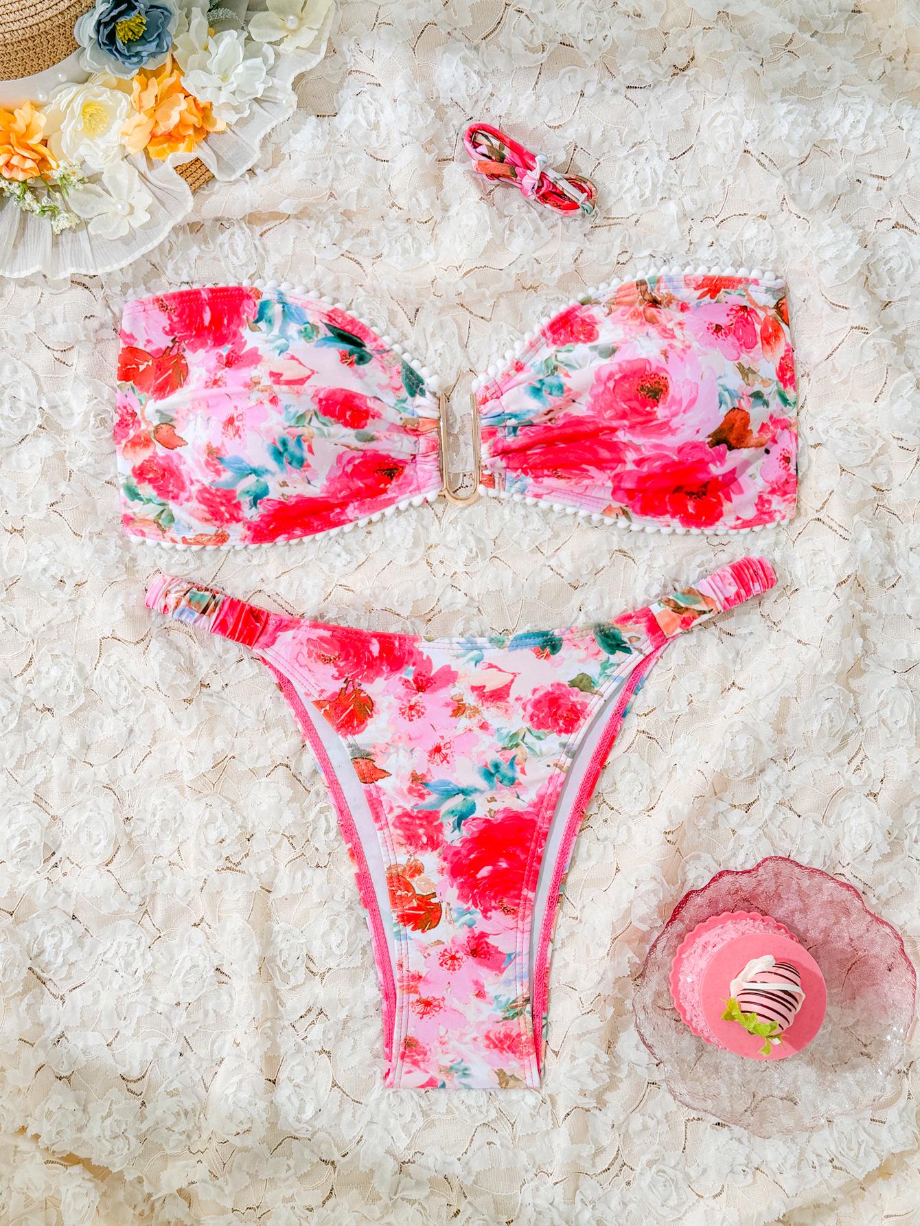 

Европейский и американский сексуальный треугольный купальник бикини с открытой спиной - Женский утягивающий купальник бандо на завязках, с принтом M розовый