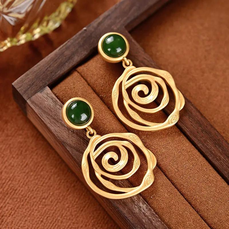 New In Inlaid Natural An Jade Earrings For Women With Irregular Thread Vintage Chinese Style Antique Palace Jewelry