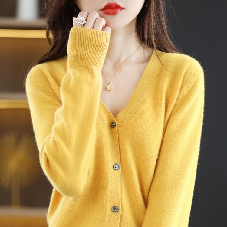 Palton cardigan tricotat din lână, cu decolteu în V, de toamnă și iarnă, de culoare solidă