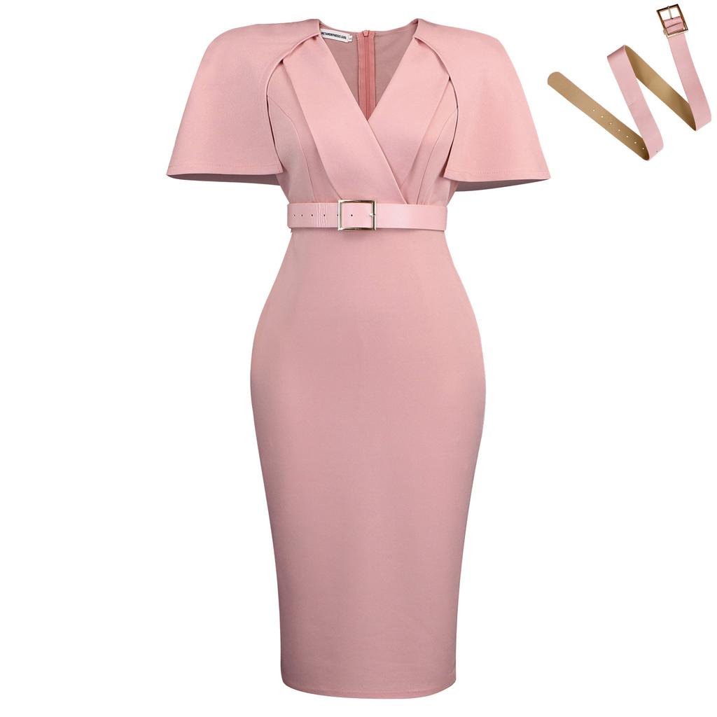 Damen Übergröße V-Ausschnitt Kurzarm Figurbetontes Midi-Kleid für den Arbeitsweg