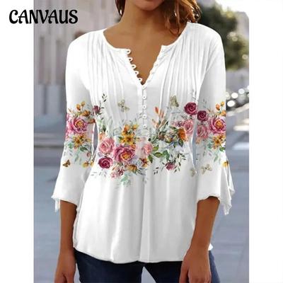 Spring/summer Women's T-shirt Fashion Floral Print V-neck Short Sleeve Pressed Pleated Button T-shirt Tops