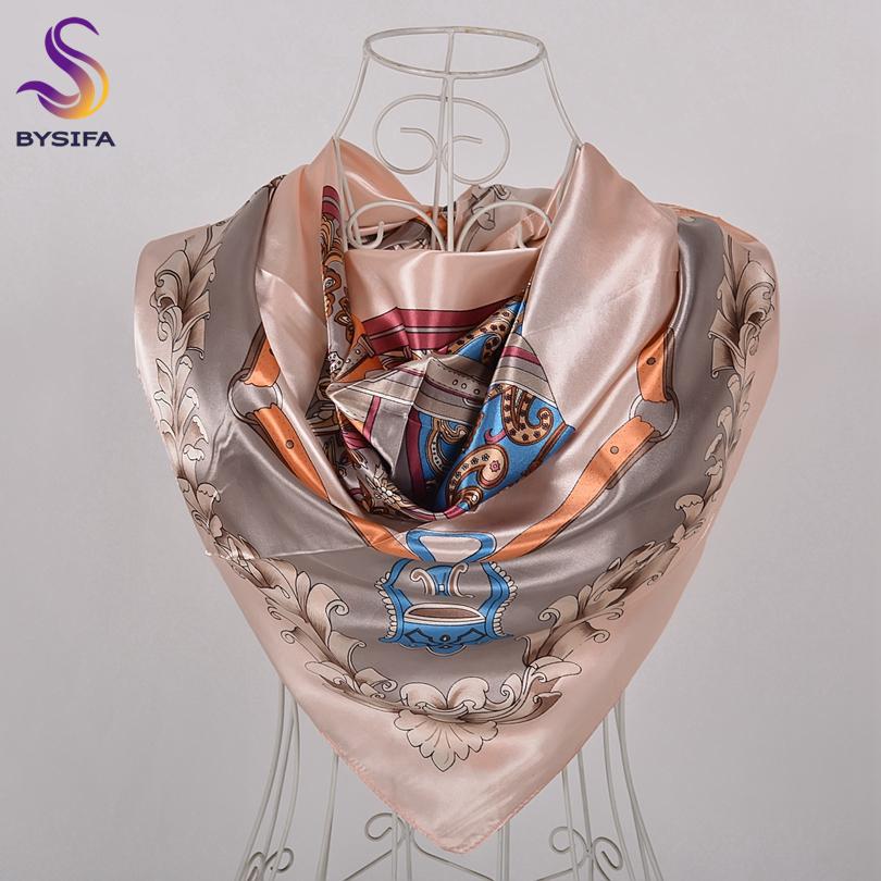 BYSIFA|Navy Blue Pink Silk Square Scarf Printed Women Brand Satin Scarves Shawls China Style Peach Blossom Design Head Scarf