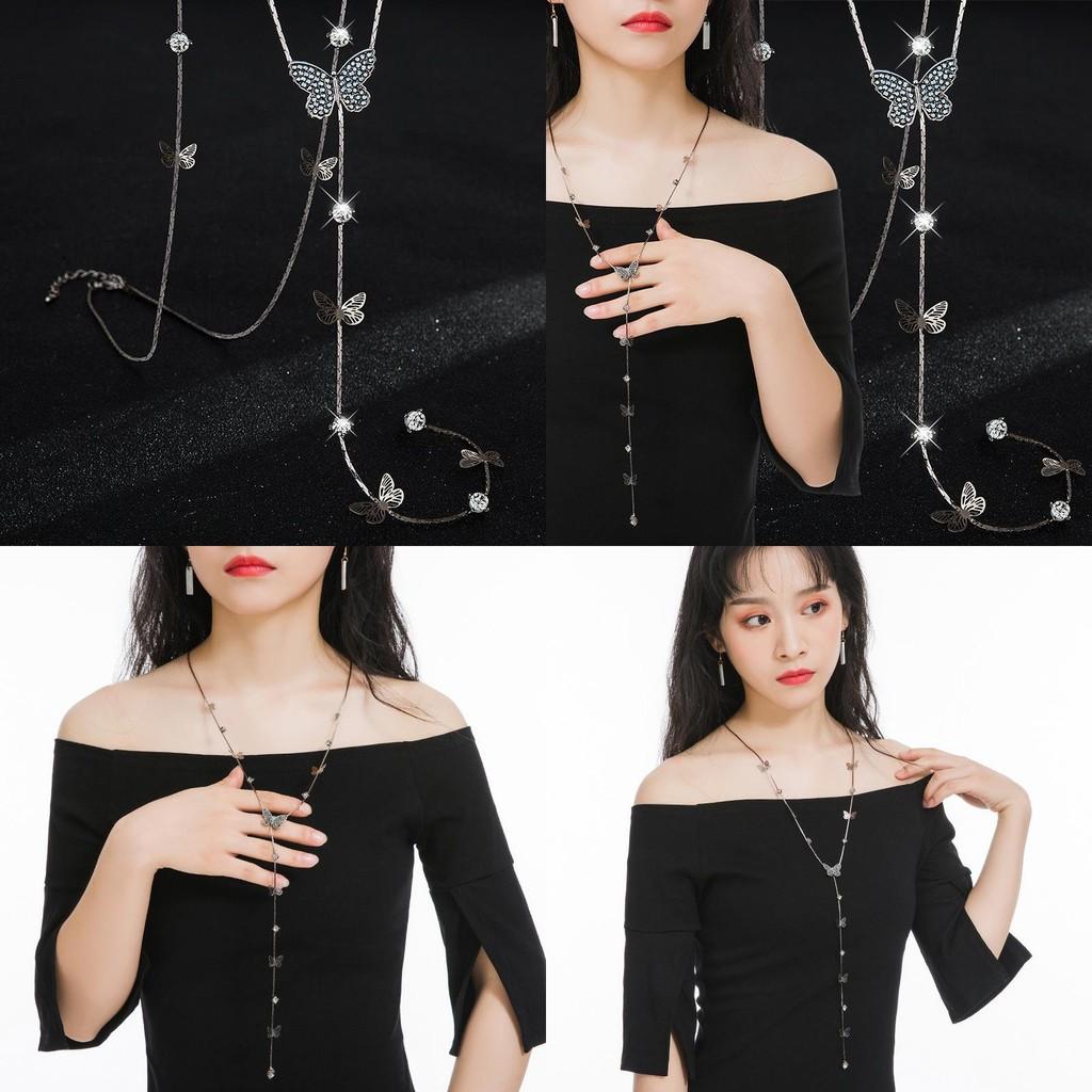 Elegant Korean Style Rhinestone Butterfly Tassel Sweater Necklace For Women