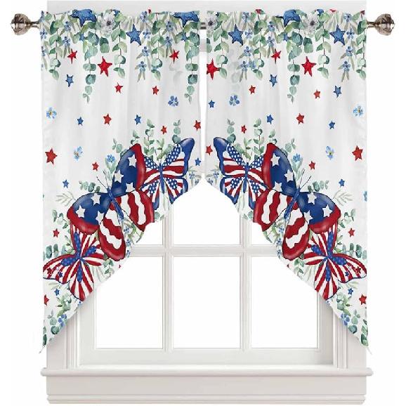 

Swag Curtain Valance for Windows Independence Day Red Blue Butterfly Rod Pocket Kitchen Curtains American Flag Star Botanical Swag Valances for 28 W x 36 L (Pack of 2)