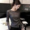 Gray Tie-dye Design Mesh Long-sleeved T-shirt Women's Summer Thin Micro-transparent Air Conditioner Strap Blouse Top A