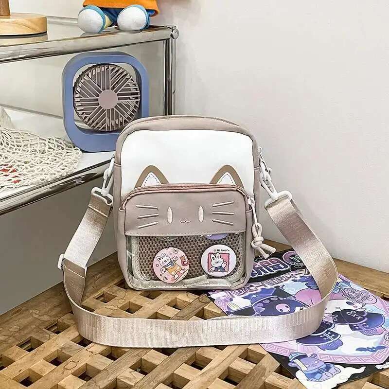 Y2K Cute Cartoon Cat Ita Crossbody Bag Mini Women Casual Shoulder Bags Kawaii Girls Transparent Pocket DIY Display Nylon Handbag