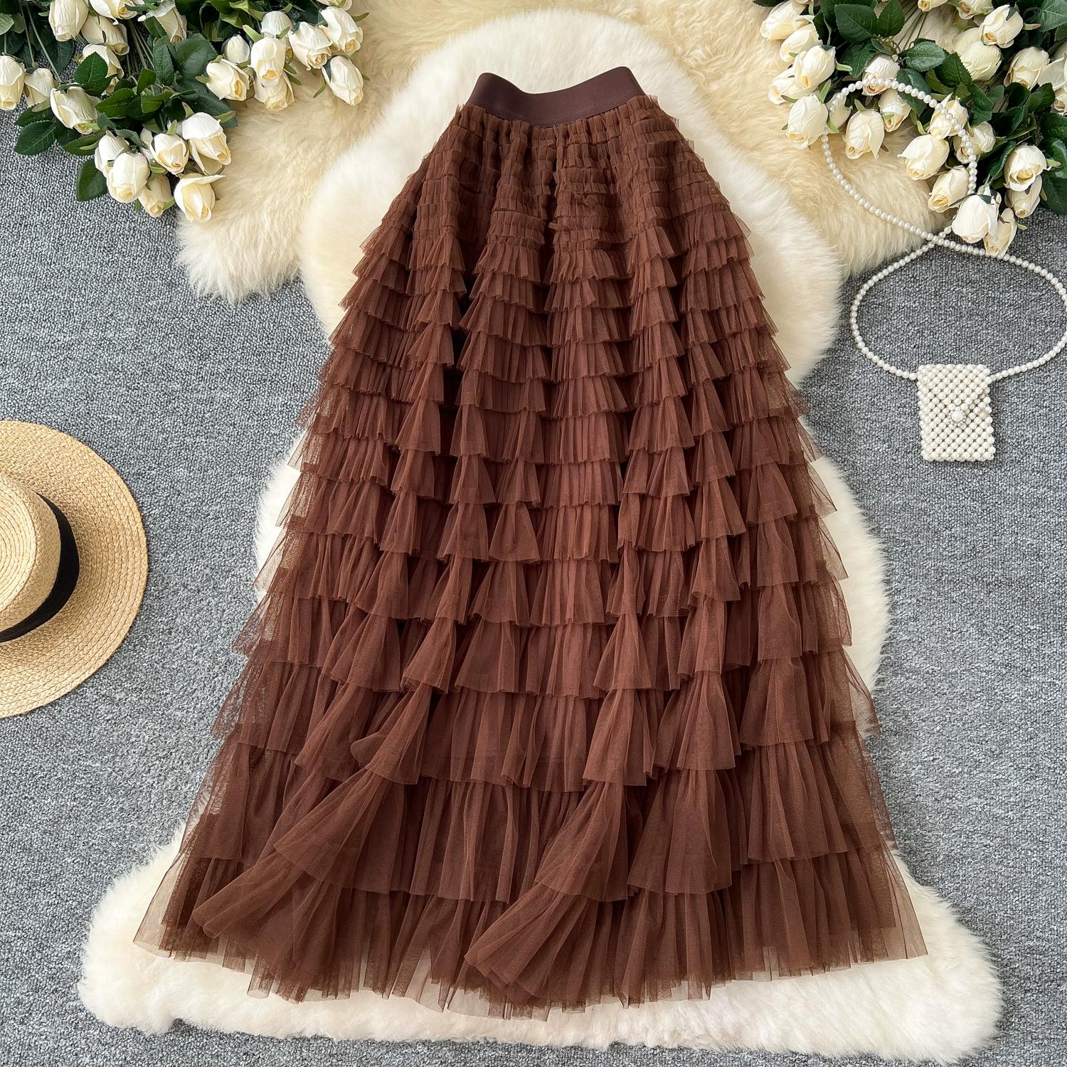 

Французская модная сетчатая юбка женская с высокой талией А-силуэта, фея, сплайсированная, однотонная, повседневная, свободная, универсальная, весна 2025 года, новинка average size темно-коричневого